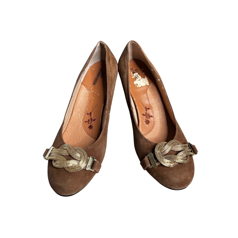 Ros Hommerson Brown Suede Kitten Heel Pumps Gold Knot Accent HA1007 Womens  5.5M